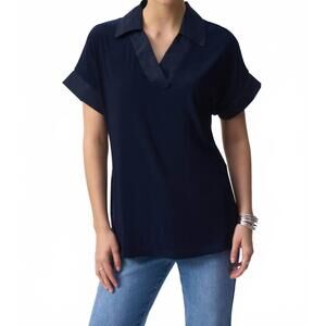 NEW JOSEPH RIBKOFF silky knit reversible boxy top in midnight blue